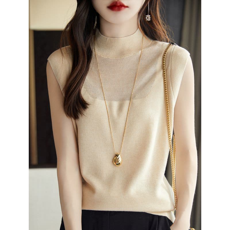 春夏季新款网纱拼接背心打底衫女半高领薄款羊毛镂空无袖针织T恤图片