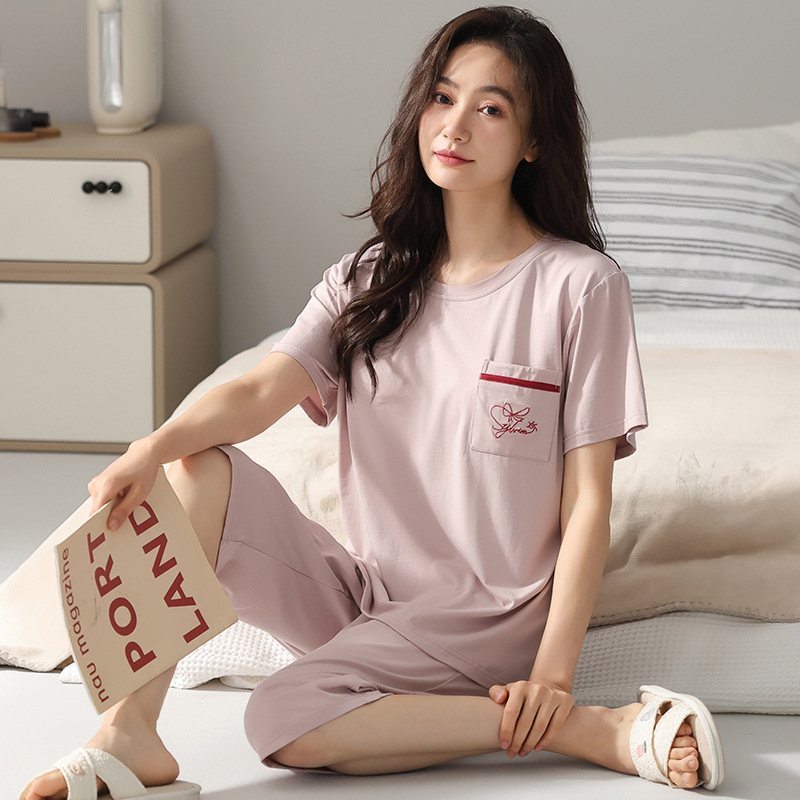 带胸垫睡衣女夏季莫代尔短袖七分裤休闲可外穿薄款大码家居服套装