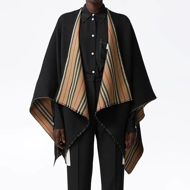 预订BURBERRY\博柏利 标志性条纹装饰羊毛披肩 130 x 130cm图片