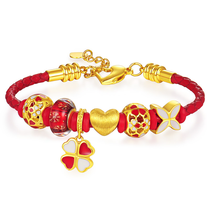 蒂蔻时尚爱心形黄金手链女款硬金四叶草红色手绳七夕情人节表白生日送