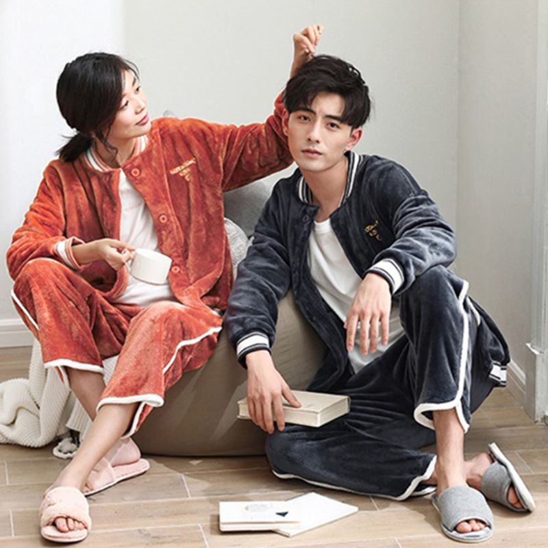 秋冬情侣珊瑚绒睡衣保暖加厚长袖法兰绒开衫可外穿男家居服套装