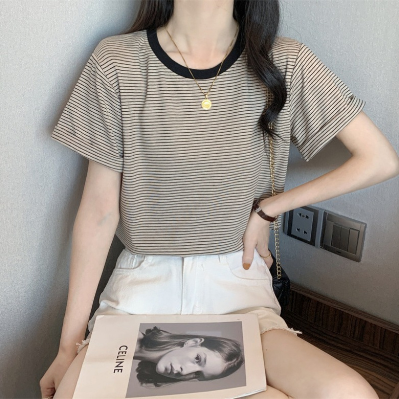 休闲打底衫上衣女修身短袖T恤女夏条纹韩版学生圆领女装