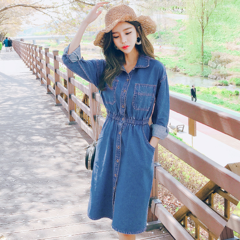 韩都衣舍2018秋装新款女装韩版休闲牛仔裙子中长连衣裙GJ8366茆