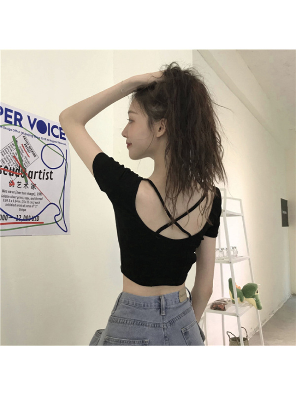 春夏新款露背短袖T恤女休闲韩国女装修身露脐短款上衣纯色打底衫