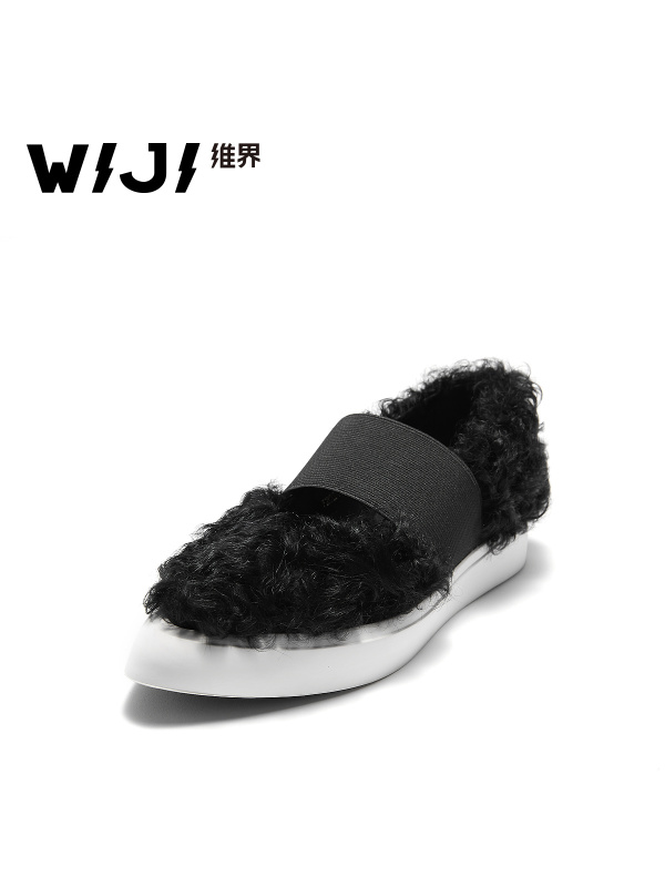 维界WIJI单鞋女韩版潮流时尚羊卷毛平底休闲鞋个性黑色浅口百搭板鞋潮