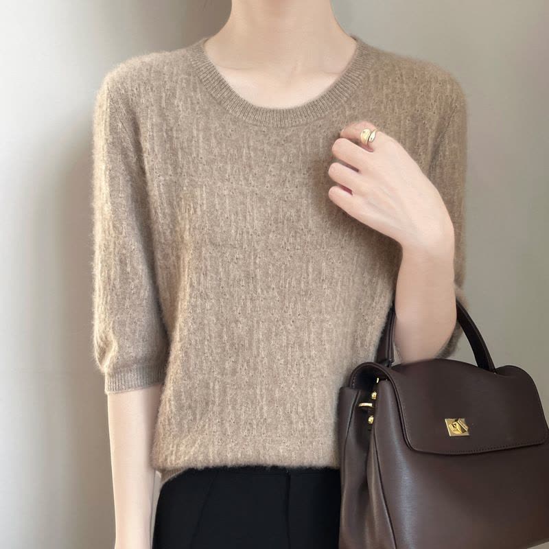 安迪绒圆领针织衫2025年春季新款镂空五分袖宽松套头打底衫上衣女图片