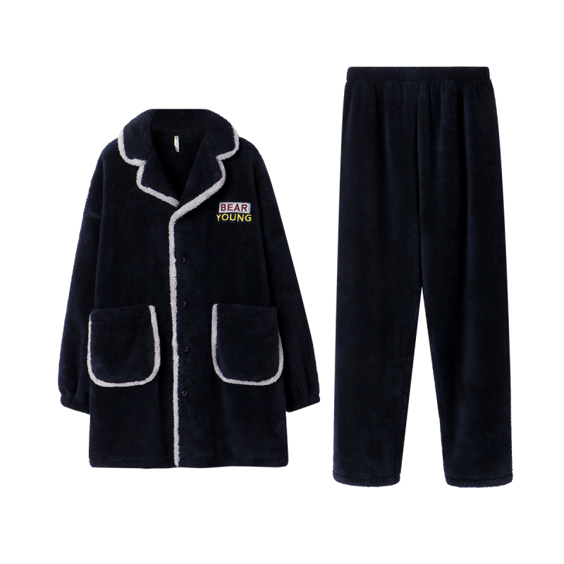 安之伴睡衣男晚秋圆领套装长毛绒家居服