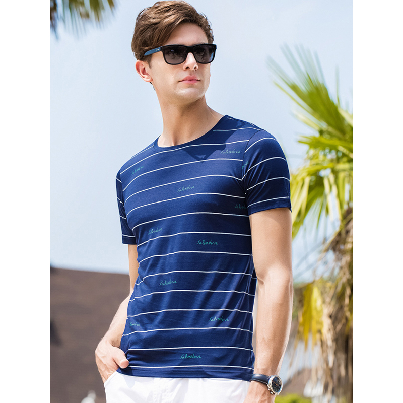 雅鹿男士含桑蚕丝短袖t恤2019新款夏季条纹短袖修身男士半袖体恤