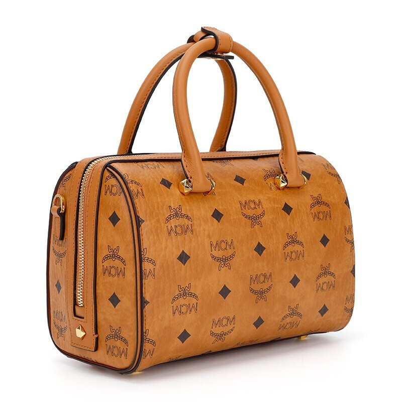 mcm女包essential系列经典印花波士顿包单肩斜挎手提包干邑色mwbaase