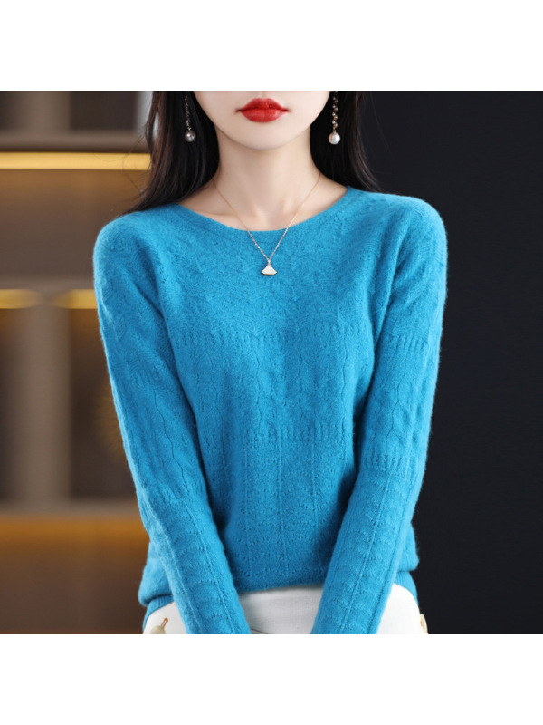 一线成衣羊毛衫女早春秋宽松圆领镂空长袖套头羊绒针织衫打底毛衣