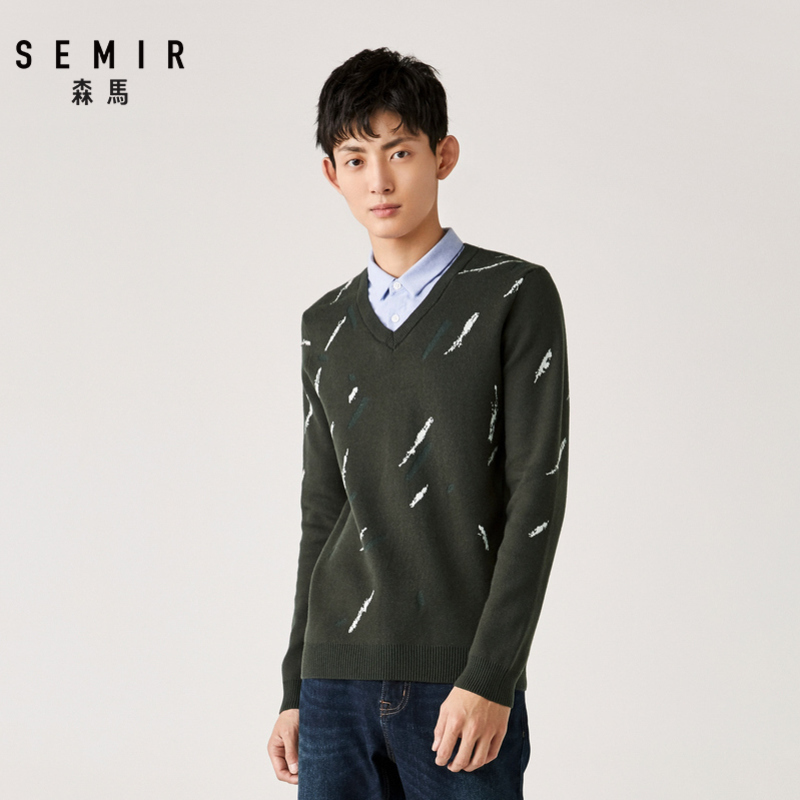 Semir森马毛衣男2019冬季潮流V领撞色长袖毛衫假两件青少年针织衫