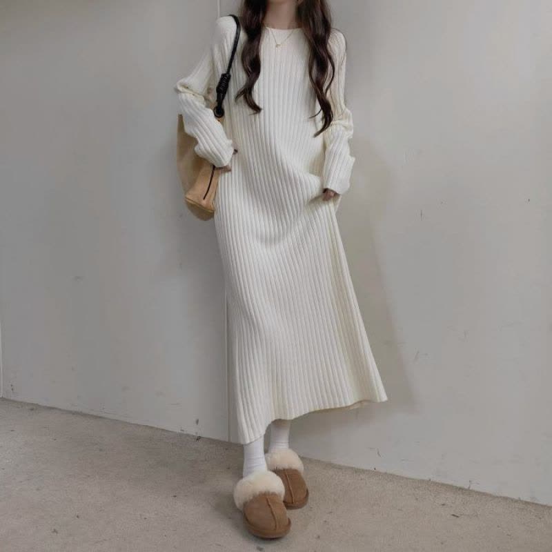 春秋慵懒风长袖连衣裙女秋冬配大衣宽松直筒裙气质纯色中长打底裙图片