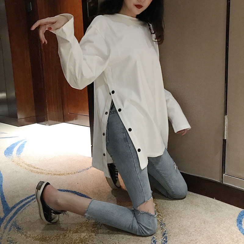 设计感韩国女装秋冬大码开叉打底衫中长款长袖白色T恤女纯色上衣