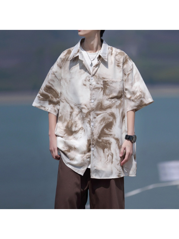 男装夏季海岛度假男女同款宽松短袖花衬衫痞帅时尚潮牌休闲男衬衣