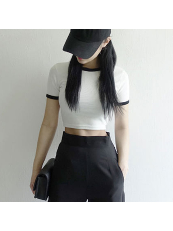 露肚脐修身短袖T恤女夏纯色圆领短款打底衫插色上衣韩国女装