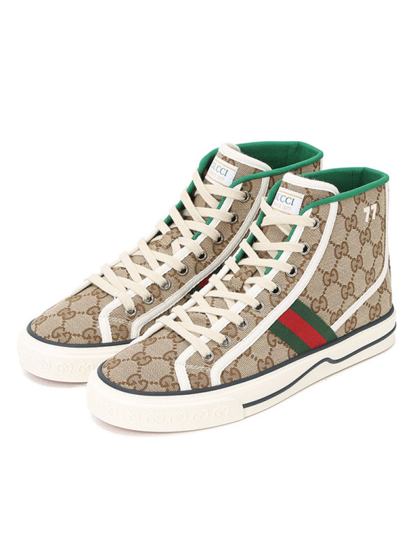 预售 古驰GUCCI Tennis 1977 高帮帆布鞋 老花老花帆布627838 女士高帮鞋帆布休闲鞋