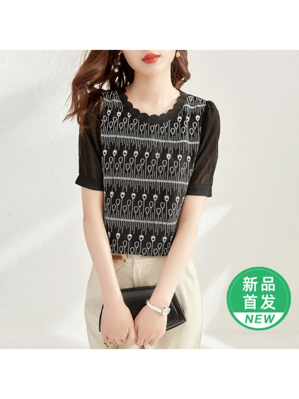 OUNIXUE欧昵雪 | [浪漫花卉短袖]夏季时尚拼接T恤泡泡肩百搭休闲直筒上衣女