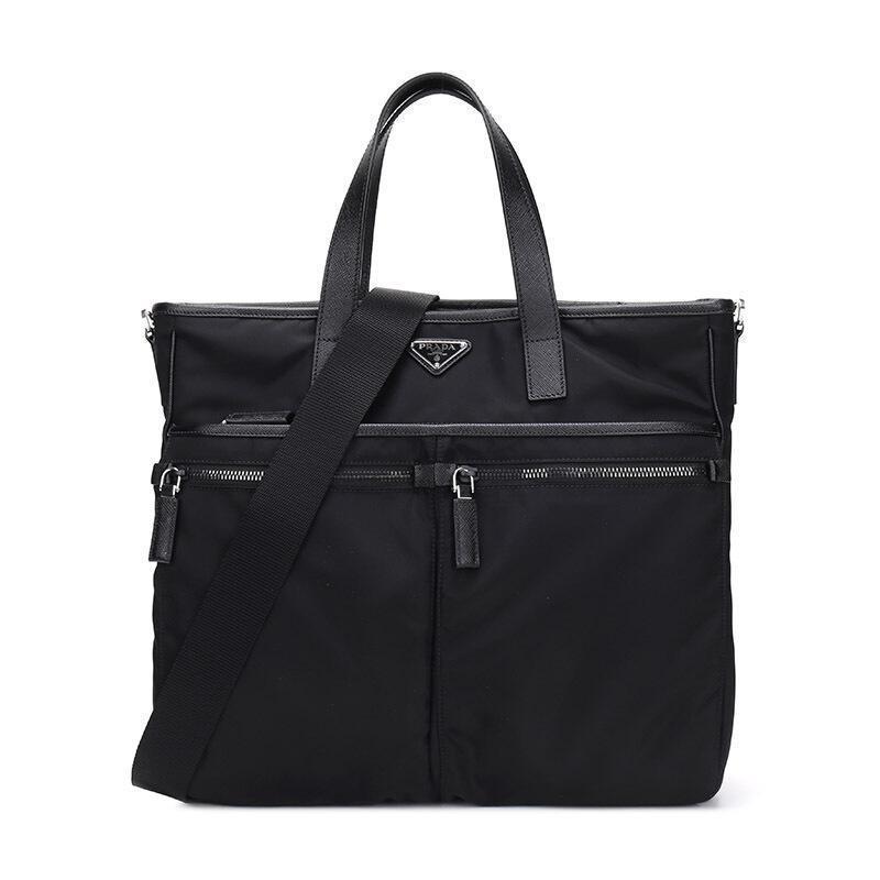 prada普拉达男士黑色织物手提袋单肩包2vg860064
