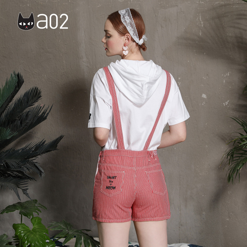 a02商场同款韩版条纹背带裤女印花牛仔短裤女D1U2D0311PN