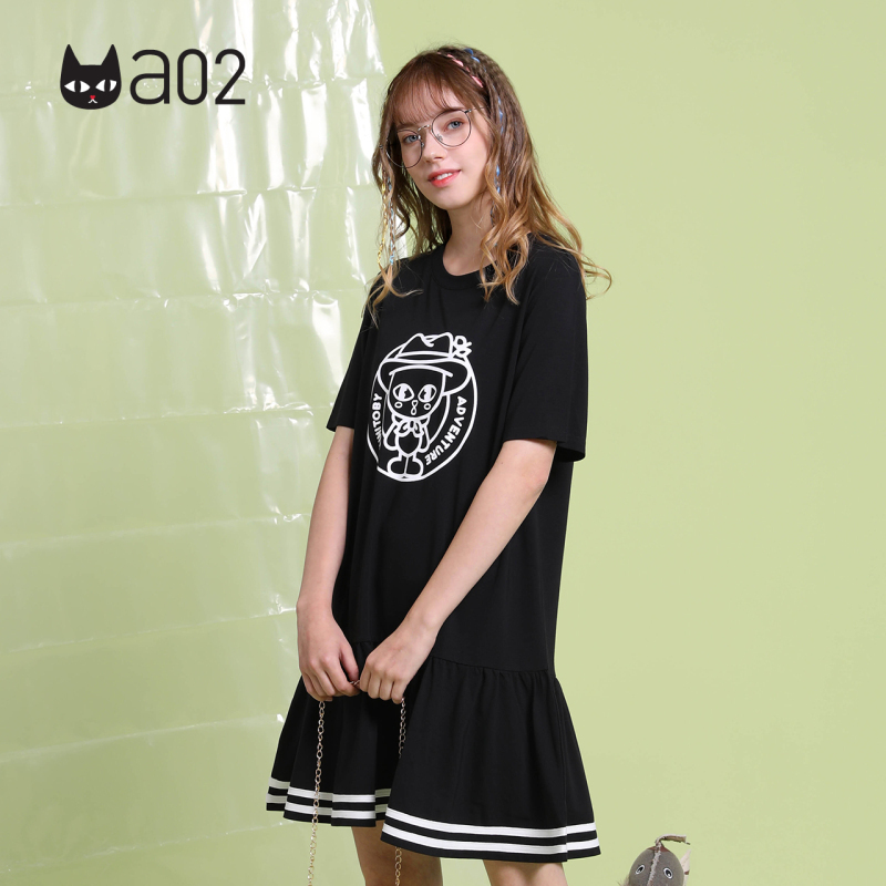 a02新款2020减龄卡通印花宽松显瘦荷叶边下摆连衣裙女DTV2D1001DR