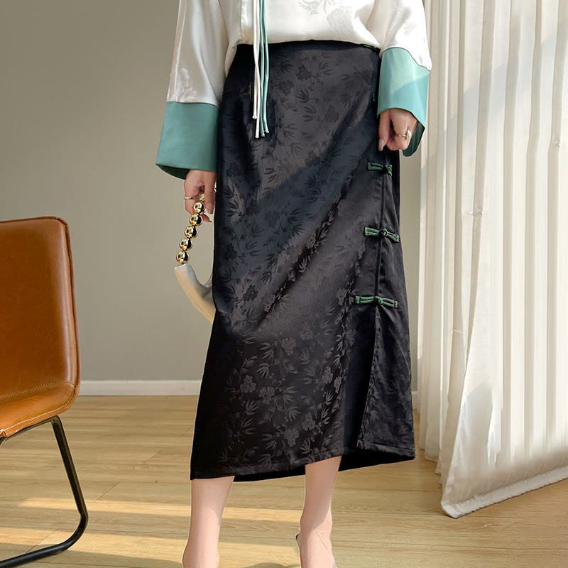 批国风复古半身裙女春秋新款醋酸缎面提 花太太气质开叉A字裙图片
