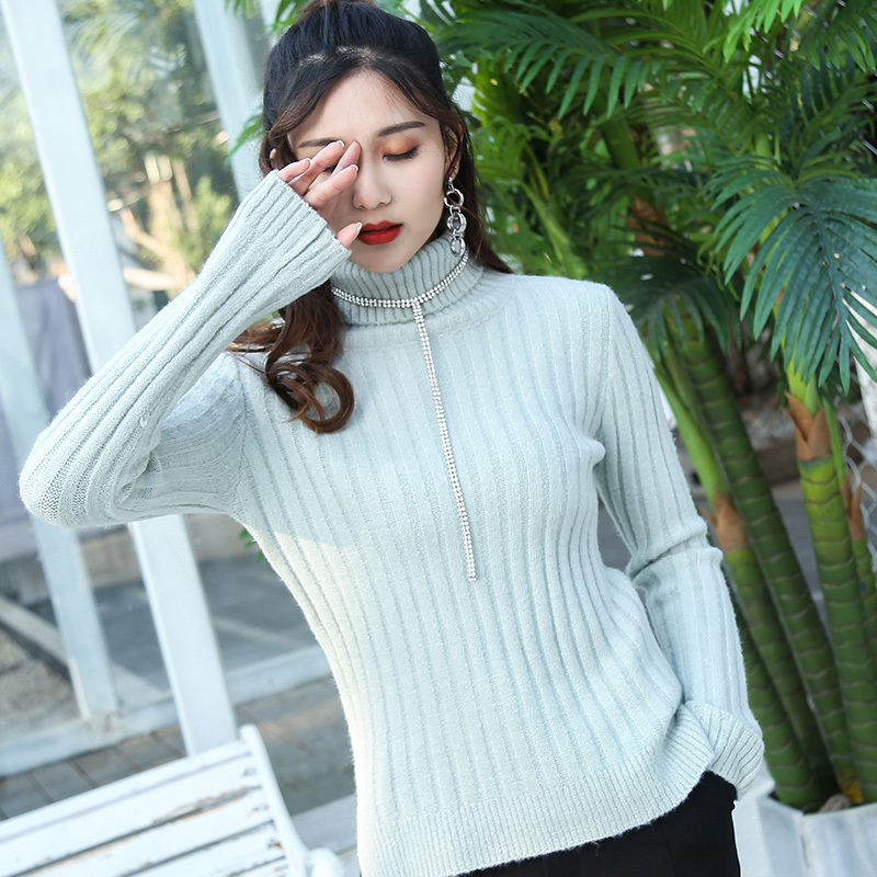 美丽衣橱2018春季新款毛衣女高领宽松甜美韩版套头学生针织衫长袖打底线衣