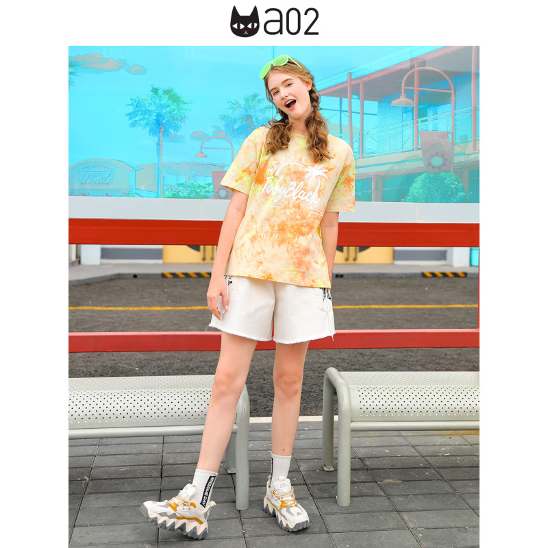 a02新款2020时尚宽松显瘦卡通印花毛边牛仔短裤女DTV2D0511PN