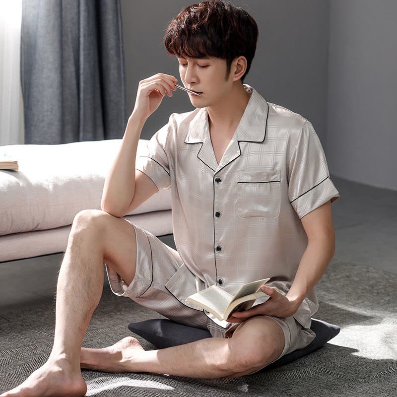 睡衣男夏季开衫翻领冰丝绸短袖短裤学生夏天大码家居服套装可外穿图片