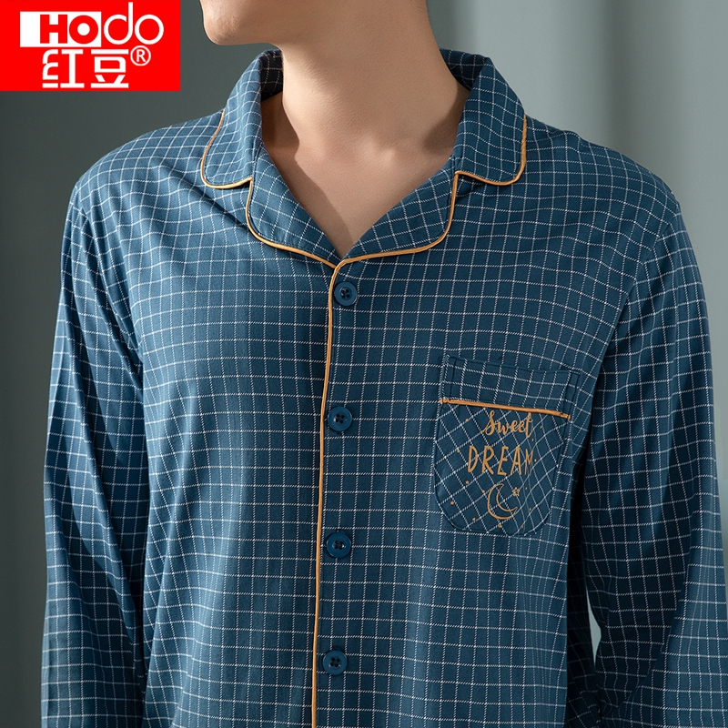 红豆(HODO)春夏男士长袖睡衣套装全棉翻领开衫可外穿家居服
