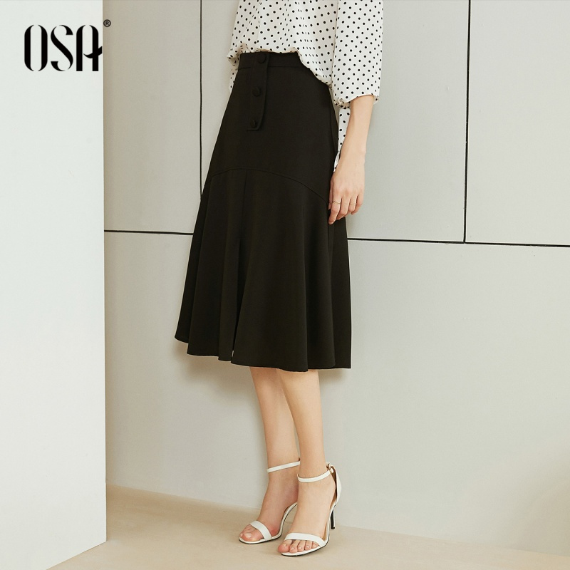 OSA欧莎a字半身裙2019新款夏中长款黑色职业裙女适合胯大腿粗裙子