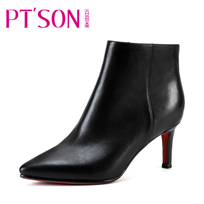 ptson/百田森女靴磨砂尖头高跟细跟短靴秋冬女鞋小跟靴子