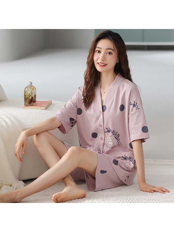睡衣女士夏季棉质短袖开衫和服新款韩版大码宽松可外穿家居服套装