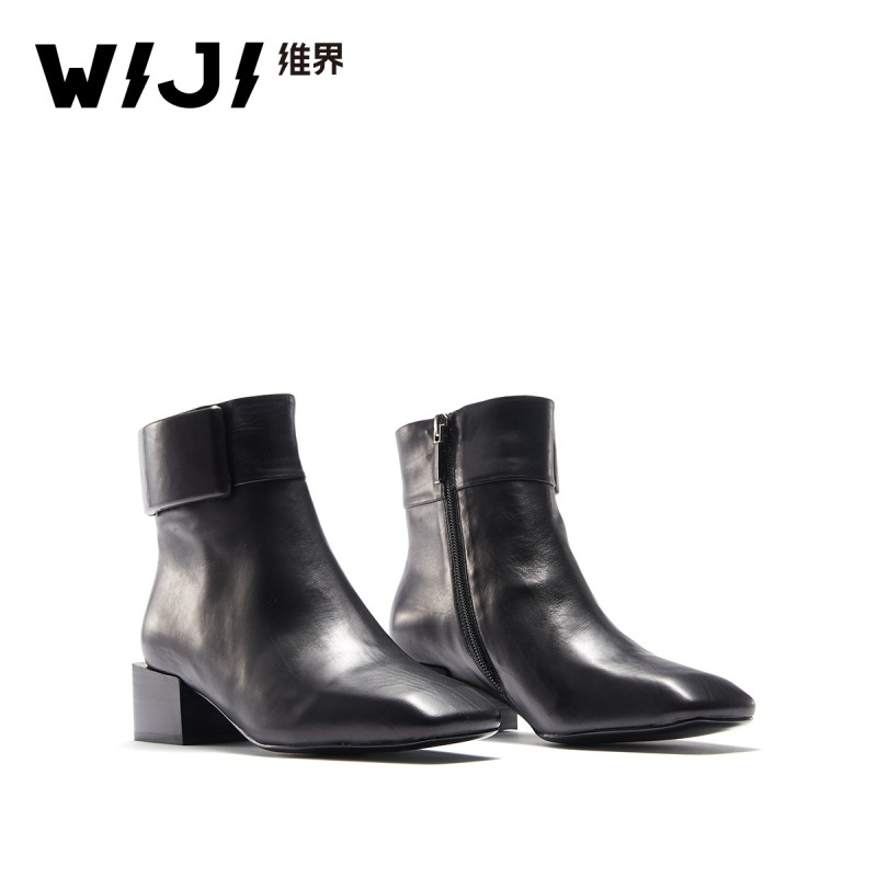 WIJI冬季新款时尚潮流切尔西靴休闲个性纯色透气方头舒适拉链女靴