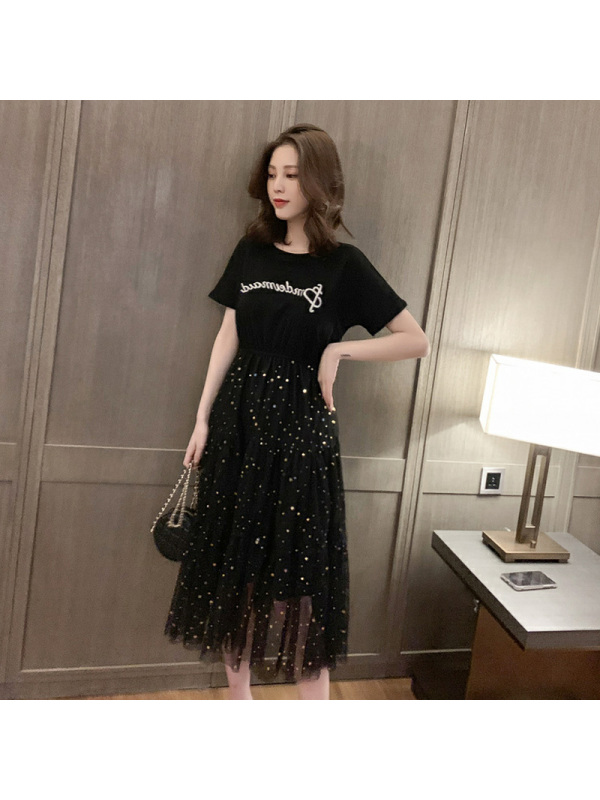 【秀衣记】连衣裙夏季女装A字裙亮片网纱短袖裙子学生韩版宽松中长款仙女裙