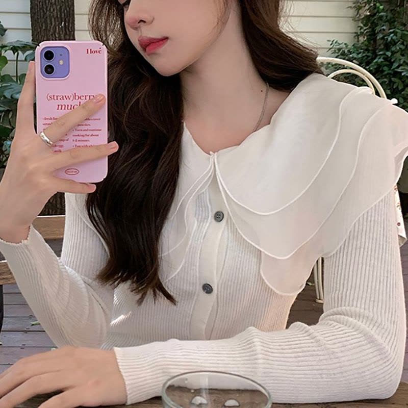 chic甜美温柔针织开衫女薄款娃娃领毛衣长袖荷叶边领拼接修身上衣图片