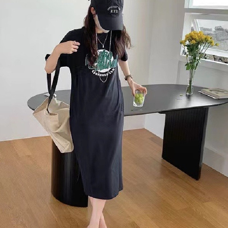 韩国大码T恤女装夏季短袖连衣裙女宽松休闲懒人裙子中长款打底衫