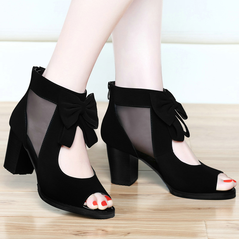 高跟鞋子单鞋春季2018新款韩版百搭女鞋鱼嘴粗跟罗马凉鞋夏季中跟