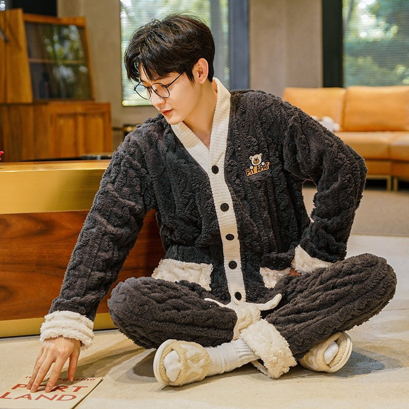 睡衣男冬季珊瑚绒加厚加绒青少年和服男士法兰绒保暖家居服冬套装
