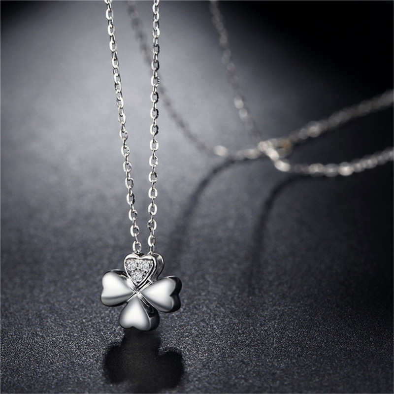 欧慕珠宝18k金白金纯金女士锁骨链幸运四叶草钻石吊坠项链oumu026