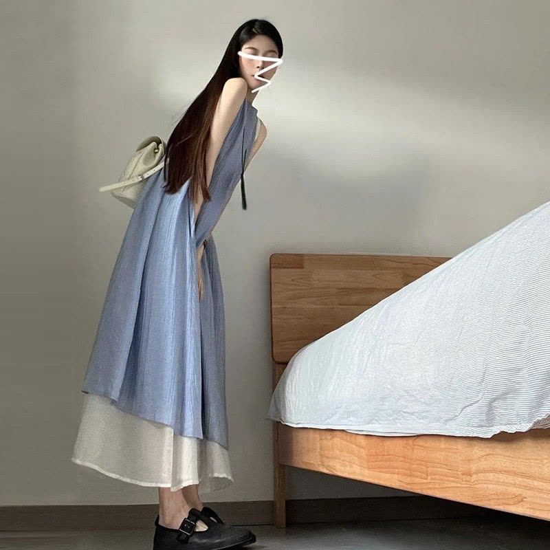 法式假两件连衣裙女装夏季新款宽松显瘦垂坠感气质长裙子夏装图片