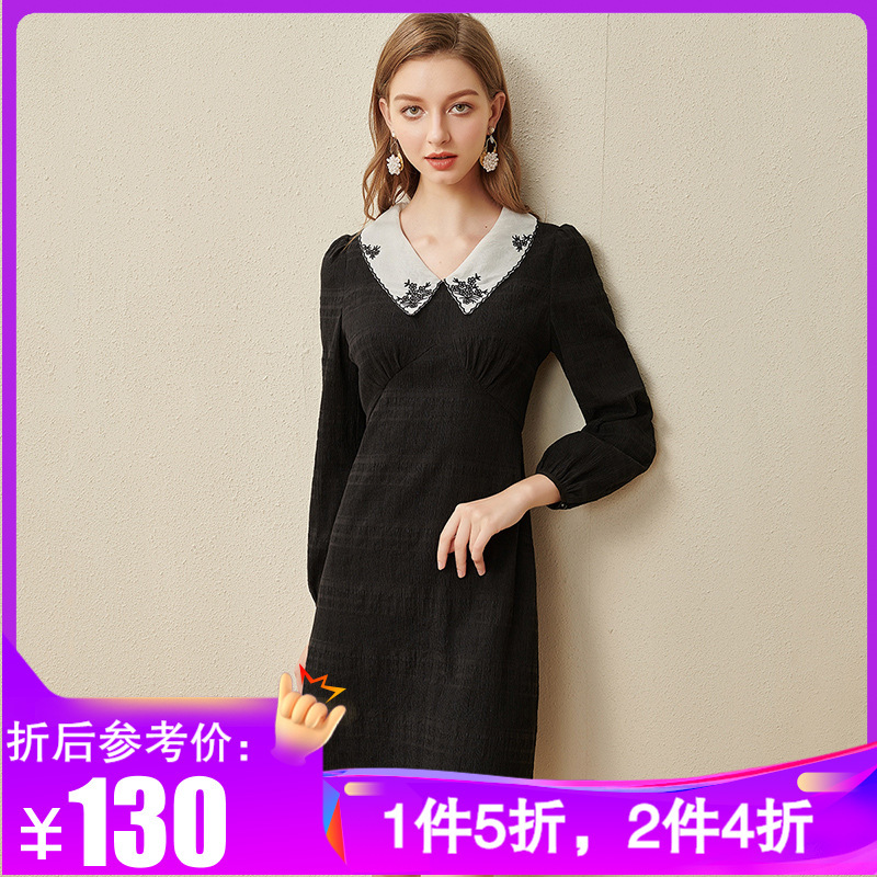 欧昵雪绣花娃娃领收腰长袖连衣裙女法式显瘦a字中裙