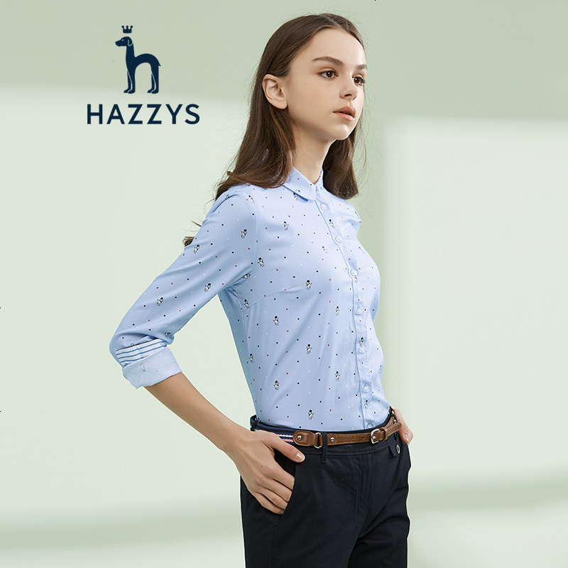 哈吉斯HAZZYS 春夏女装圆方领刺绣印花修身衬衫小清新上衣