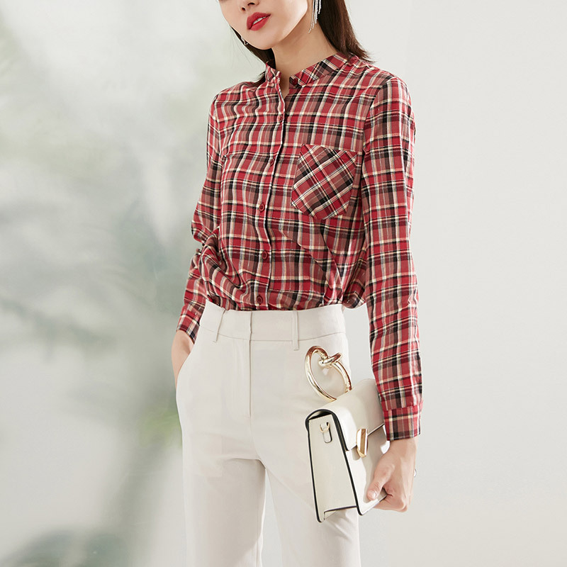 晚白2021春季新品简约复古格子立领长袖休闲百搭减龄衬衫衬衣女