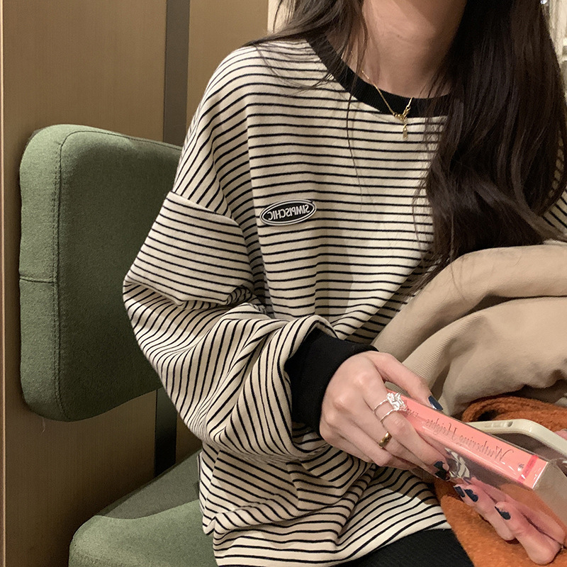 春秋季新款条纹T恤女薄款慵懒风百搭长袖宽松韩版洋气内搭上衣潮