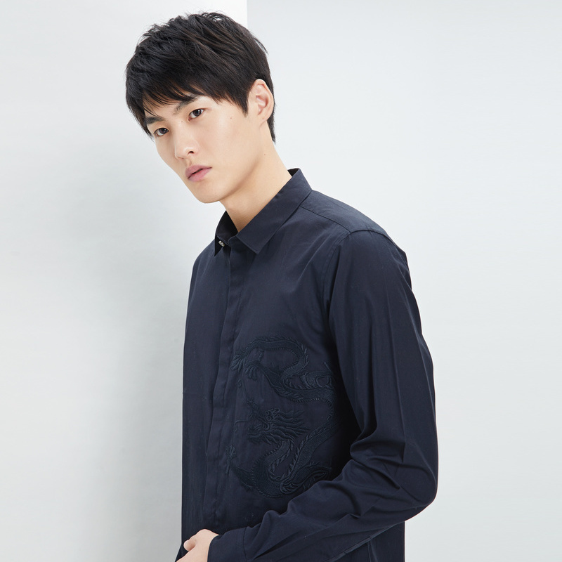 鄂尔多斯ERDOS 春夏纯棉刺绣舒适时尚休闲男士长袖衬衫