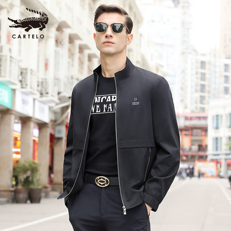 鳄鱼cartelo薄款纯色夹克衫春秋2020中年男士休闲纯色立领夹克外套男