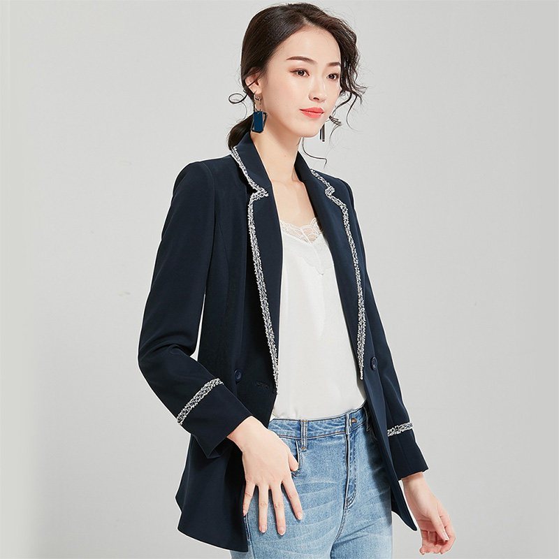 欧昵雪双排扣毛边修身西装外套女中长款小西服