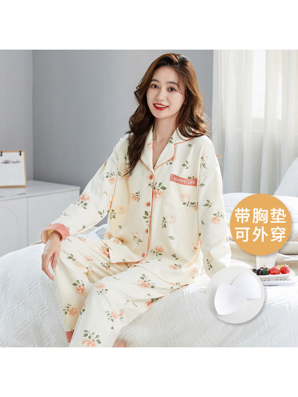 秋冬季棉质睡衣女士开衫长袖带胸垫可爱卡通翻领家居服套装可外穿