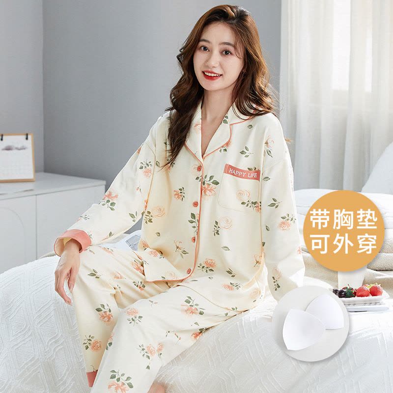 秋冬季棉质睡衣女士开衫长袖带胸垫可爱卡通翻领家居服套装可外穿图片