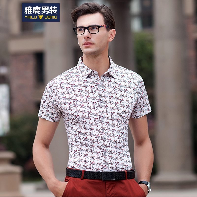 雅鹿男装短袖t恤男夏季新款纯色翻领衬衫16210